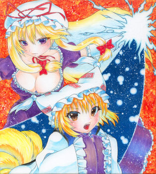 2girls bad_id bad_pixiv_id blonde_hair bow breasts choker cleavage dress elbow_gloves energy eyebrows eyelashes fox_tail frilled_dress frilled_sleeves frills gloves gradient_background hair_bow hat hat_ribbon large_breasts light lips long_hair long_sleeves mob_cap multiple_girls multiple_tails open_mouth outstretched_arm own_hands_together purple_eyes ribbon ribbon_choker rinka_(qqqrinkappp) serious short_hair sidelocks slit_pupils summoning sweatdrop tabard tail teeth tight_clothes tight_dress tongue touhou two-tone_background very_long_hair white_dress white_gloves wide_sleeves yakumo_ran yakumo_yukari yellow_eyes
