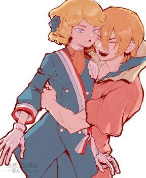 1boy 1other ascot black_gloves blonde_hair blue_eyes blue_jacket buttons closed_eyes curly_hair dr._stone drill_hair francois_(dr._stone) gloves hair_between_eyes high_collar highres hug jacket long_sleeves nanami_ryuusui ninomae_gin open_mouth orange_hair orange_shirt pants red_shirt sash shirt short_hair short_sleeves smile white_background white_gloves white_sash