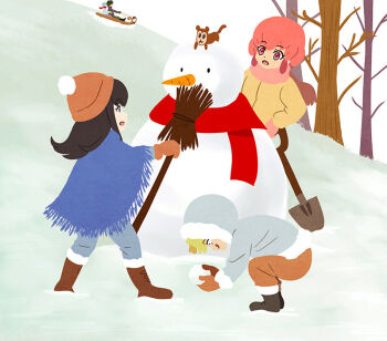 aged_down alternate_art_style black_hair blonde_hair blue_shawl broom child commentary h0saki hat inumuta_houka iori_shirou jakuzure_nonon kill_la_kill kiryuuin_satsuki monkey pink_eyes pink_hair red_scarf sanageyama_uzu scarf shawl shovel sled sledding snow snowman winter winter_clothes