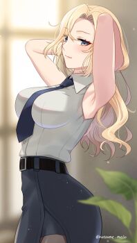 1girl armpits arms_behind_head arms_up belt between_breasts black_belt black_necktie black_pantyhose black_skirt blonde_hair blush breasts commentary_request cowboy_shot dress_shirt grey_eyes highres hornet_(kancolle) indoors kantai_collection large_breasts long_hair looking_at_viewer natsume_(natsume_melio) necktie necktie_between_breasts pantyhose pencil_skirt shirt skirt sleeveless sleeveless_shirt smile solo twitter_username white_shirt