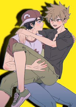 Rule 34 | 2boys, absurdres, arms around neck, black hair, black shirt, blue oak, blue pants, brown hair, capri pants, closed mouth, collared shirt, commentary request, crew neck, denim, drop shadow, feet out of frame, hand on another's shoulder, hat, heart, highres, invisible chair, jeans, male focus, multiple boys, nintendo, open collar, open mouth, pants, pk rgr96, pokemon, pokemon sm, print shirt, red (pokemon), red hat, shirt, shoes, short hair, sideways hat, simple background, sitting, sitting on lap, sitting on person, smile, sneakers, sparkle, spiked hair, t-shirt, wing collar, yaoi, yellow background