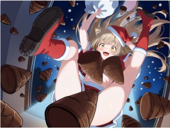 1girl :d alternate_costume ankle_boots arms_up bamboo_shoot blonde_hair blurry blush boots capelet christmas commentary_request cone_hair_bun convenient_censoring depth_of_field falling floating_hair from_below full_body fur-trimmed_boots fur-trimmed_capelet fur-trimmed_headwear fur-trimmed_skirt fur_trim hair_bun hand_on_headwear hat highres holding holding_sack indie_virtual_youtuber kokon_amane leg_up long_hair looking_at_viewer looking_down miniskirt night open_mouth pom_pom_(clothes) red_boots red_capelet red_hat red_skirt sack santa_costume santa_hat single_side_bun skirt skylight smile snowing solo teeth through_window upper_teeth_only variant_set very_long_hair virtual_youtuber yasudraw yellow_eyes