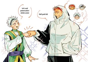 Rule 34 | 308albi, fist bump, gojou satoru, hood, hooded jacket, itadori yuuji, jacket, jujutsu kaisen, jujutsu kaisen modulo, male focus, marulu val vol yelvori, pink hair, ryoumen sukuna (jujutsu kaisen), scar, scar on face, smile, tall male, teacher and student, white hair