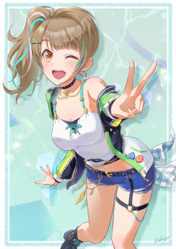 Rule 34 | 1girl, :d, absurdres, artist name, belt, black belt, black boots, black choker, blue shorts, blue streaks, boots, breasts, brown eyes, brown hair, choker, commentary request, earrings, facial mark, hair ornament, hairclip, highres, jacket, jewelry, kobassy, long sleeves, looking at viewer, love live!, love live! school idol project, minami kotori, multicolored hair, navel, o-ring, o-ring thigh strap, one eye closed, open clothes, open jacket, open mouth, outstretched arm, pink streaks, short shorts, shorts, side ponytail, signature, smile, solo, standing, star (symbol), star facial mark, streaked hair, studded choker, tank top, thigh strap, v, white tank top, x hair ornament