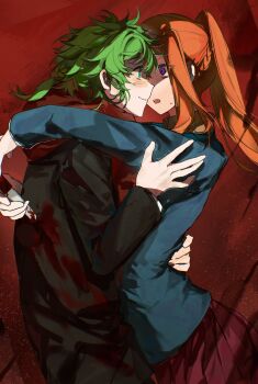 1boy 1girl arm_over_shoulder black_jacket blazer blood blood_on_clothes bloody_knife bloody_weapon blue_jacket blush braid bright_pupils brown_shirt chidouin_sara closed_mouth floating_hair forehead-to-forehead green_eyes green_hair hair_between_eyes hair_over_shoulder hand_on_another's_arm hand_on_another's_back heads_together highres holding holding_knife hug jacket kimi_ga_shine knife long_hair long_sleeves looking_at_another midori_(kimi_ga_shine) orange_hair pale_skin pleated_skirt ponytail purple_eyes rattail red_background red_scarf red_skirt scarf school_uniform shaded_face shirt single_sidelock skirt smile stab sweatdrop weapon white_pupils white_shirt wide-eyed wing_collar yellowmao0509