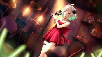 1girl absurdres ahoge alternate_costume aqua_hair black_choker blue_eyes character_doll choker closed_mouth densetsu.exe doll dress gradient_hair grey_hair highres holding holding_microphone holding_microphone_stand jewelry looking_at_viewer medium_hair microphone microphone_stand miku_(mikururun) mint_fantome multicolored_hair necklace nimi_nightmare pointy_ears red_dress sleeveless sleeveless_dress smile solo thigh_strap virtual_youtuber