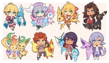 &gt;_o 2boys 5boys ;d alvis_(xenoblade) beard black_hair blonde_hair blue_eyes border brown_eyes chibi crossover dark-skinned_male dark_skin dunban_(xenoblade) enni espeon evolutionary_line facial_hair fiora_(xenoblade) flareon full_body gen_1_pokemon gen_2_pokemon gen_4_pokemon gen_6_pokemon glaceon green_eyes grey_eyes hat head_wings highres jolteon leafeon long_hair looking_at_viewer melia_antiqua multiple_boys nintendo nopon one_eye_closed open_mouth pokemon pokemon_(creature) reyn_(xenoblade) riki_(xenoblade) sharla_(xenoblade) short_hair shulk_(xenoblade) silver_hair simple_background smile sylveon umbreon vaporeon white_border wings xenoblade_chronicles_(series) xenoblade_chronicles_1