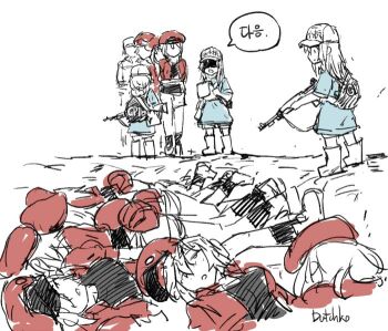 10s 6+girls ae-3803 boots breasts newsboy_cap death dutchko execution gun hat hataraku_saibou korean_text long_hair m1_carbine mass_grave multiple_girls oekaki platelet_(hataraku_saibou) queue rifle shaded_face signature translation_request unworn_hat unworn_headwear weapon