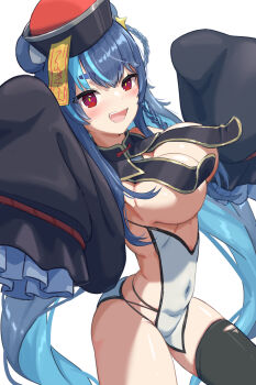 Rule 34 | 1girl, animal ears, aqua hair, bear ears, blue hair, blush, bouncing breasts, braid, braided hair rings, breast curtains, breasts, chinese clothes, colored inner hair, covered navel, cowboy shot, detached sleeves, frilled sleeves, frills, fujikura uruka, groin, hair rings, hat, highres, jiangshi costume, large breasts, long hair, long sleeves, looking at viewer, multicolored hair, navel, ofuda, ofuda on head, open mouth, phase connect, qingdai guanmao, red eyes, side braid, simple background, skindentation, sleeves past fingers, sleeves past wrists, smile, solo, star (symbol), star ornament, thick eyebrows, thighhighs, virtual youtuber, white background, yukichi (yu-ame)