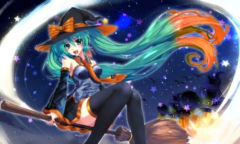 Rule 34 | 1girl, :d, aqua eyes, aqua hair, artist name, bare shoulders, bat (animal), black hat, black nails, black skirt, black sleeves, black thighhighs, blue collar, blue shirt, bow, breasts, broom, broom riding, buttons, collar, commentary, detached collar, detached sleeves, fang, floating hair, gradient hair, hair between eyes, halloween, hat, hat bow, hatsune miku, highres, jack-o'-lantern, large breasts, long hair, looking at viewer, multicolored hair, nail polish, necktie, open mouth, orange bow, orange hair, orange necktie, orange trim, pumpkin hat ornament, roozaku, shirt, skirt, sky, smile, solo, star (sky), star (symbol), starry sky, strapless, strapless shirt, thighhighs, twintails, two-tone hair, very long hair, vocaloid, witch hat