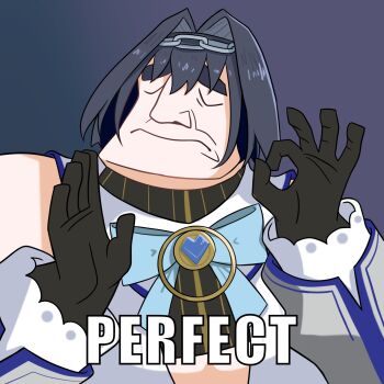 1girl bare_shoulders black_gloves black_hair blue_bow bow closed_eyes closed_mouth commentary detached_sleeves english_text facing_viewer fong_(fongthe0125) gloves hair_intakes hashtag-only_commentary heart highres hololive hololive_english long_sleeves meme ok_sign ouro_kronii ouro_kronii_(1st_costume) pacha_edits_(meme) shirt sleeveless sleeveless_shirt solo symbol-only_commentary thick_eyebrows upper_body virtual_youtuber white_shirt