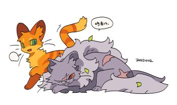 :d animal animal_focus cat chinese_commentary chinese_text commentary_request dated fang firestar_(warrior_cats) flat_color fluffy full_body green_eyes grey_cat highres lying no_humans one_eye_closed open_mouth orange_cat rehtaef scar simple_background smile speech_bubble tabby_cat the_prophecies_begin translation_request walking warrior_cats whiskers white_background yellow_eyes yellowfang