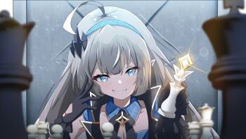 1girl absurdres ahoge black_dress black_gloves black_ribbon blue_collar blue_eyes board_game chess chess_piece collar dress female_tyrant_(stella_sora) gloves grey_hair hair_ornament hairband hand_on_own_face highres holding holding_chess_piece light_particles light_smile long_hair looking_at_viewer neck_ribbon pointy_ears ribbon sanami_(sanami_t_38) smile stella_sora throne tyrant_(stella_sora)