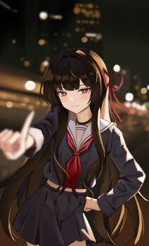 1girl absurdres black_choker black_hair black_serafuku black_shirt black_skirt blurry blurry_background bright_pupils chinese_commentary chisa_(wuthering_waves) choker closed_mouth commentary_request cowboy_shot depth_of_field hair_ribbon hand_on_own_hip highres huahu_(unstoppable) long_hair long_sleeves looking_at_viewer mole mole_under_eye neckerchief night outdoors pleated_skirt pointing red_eyes red_neckerchief red_ribbon ribbon sailor_collar school_uniform serafuku shirt skirt solo very_long_hair white_pupils wuthering_waves