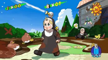 2girls banana bird black_footwear blonde_hair blue_sky blush brown_hair cloud clumsy_nun_(diva) dirty dirty_clothes diva_(hyxpk) duck f.l.u.d.d. fake_screenshot food froggy_nun_(diva) fruit grass habit heads-up_display highres little_nuns_(diva) mario_(series) mud multiple_girls nintendo nun open_mouth shadow shoes sky super_mario_sunshine traditional_nun tree user_interface walking