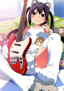 1girl animal_ear_fluff animal_ears bare_shoulders bean_bag_chair black_hair blush breasts brown_eyes cat_ears character_doll character_request check_character commentary_request curtains doll elbow_gloves electric_guitar feet fender_mustang gesugesu_ahoaho gloves guitar hand_on_own_stomach highres hirasawa_yui holding holding_guitar holding_instrument instrument k-on! kotobuki_tsumugi long_hair looking_at_viewer manabe_nodoka nakano_azusa one-piece_swimsuit raised_inner_eyebrows reclining school_swimsuit single_off_shoulder small_breasts socks suzuki_jun swimsuit tainaka_ritsu thighhighs twintails white_gloves white_one-piece_swimsuit white_socks window yamanaka_sawako