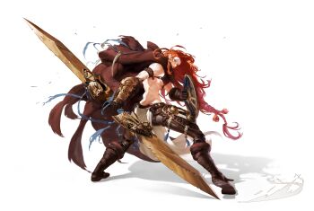 1girl 464 absurdres armband armor back_muscles blue_eyes blue_ribbon blue_rope blue_tattoo boots braid braided_ponytail breasts brown_cape cape forehead_tattoo gauntlets gold_armor highres holding holding_sword holding_weapon large_breasts leather_armor leather_bikini long_hair looking_at_viewer multiple_scars muscular muscular_female original pants red_hair ribbon rope runes scar shield solo sword tattoo tight_clothes tight_pants twin_blades viking weapon white_background white_loincloth