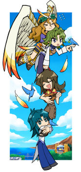&gt;_&lt; 4boys angel angel_wings bird bird_on_hand blue_bird blue_eyes blue_pants border brown_hair carrying carrying_person duel_monster flying fujiwara_yuusuke green_hair hawaiian_shirt heavying highres honest_(yu-gi-oh!) hugging_another&#039;s_leg instrument long_hair marufuji_ryo moisukii multiple_boys music open_mouth pants playing_instrument sandals shirt singing tenjouin_fubuki ukulele white_border white_wings wings yu-gi-oh! yu-gi-oh!_gx