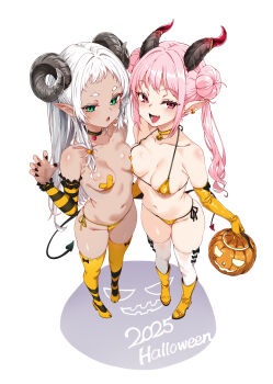 2025 2girls absurdres basket bikini black_bow black_choker black_horns black_nails boots bow breasts choker cofepig curled_horns demon_horns demon_tail detached_sleeves double_bun earrings green_eyes hair_bun halloween highres holding holding_basket horns jack-o&#039;-lantern jewelry looking_at_viewer micro_bikini mole mole_under_eye multiple_girls nail_polish original pink_hair pointy_ears red_eyes side-tie_bikini_bottom simple_background small_breasts smile standing striped_sleeves swimsuit tail thighhighs white_background white_hair white_thighhighs yellow_bikini yellow_boots yellow_choker