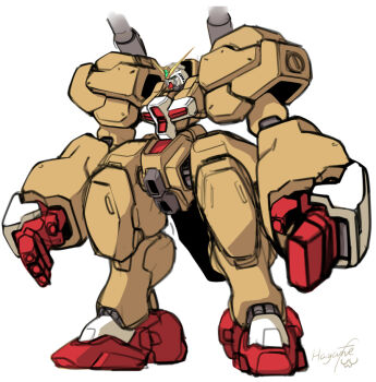 alternate_form armor artist_name commentary full_body g_gundam grand_gundam green_eyes gundam haganef joints mecha no_pupils piston robot robot_joints shoulder_armor signature simple_background small_head standing v-fin white_background