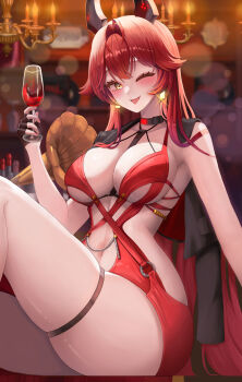 1girl absurdres alcohol antenna_hair between_breasts black_choker black_gloves black_jacket blush breasts chandelier choker cleavage clothing_cutout collarbone commentary cup double-parted_bangs dress drinking_glass earrings evening_gown fingerless_gloves gloves goddess_of_victory:_nikke hair_between_eyes hair_flaps highres holding holding_cup horns indoors jacket jacket_on_shoulders jewelry large_breasts long_hair looking_at_viewer mechanical_horns navel official_alternate_costume one_eye_closed open_mouth phonograph red_dress red_hair red_hood_(nikke) red_hood_(nonsense_red)_(nikke) red_wine sidelocks single_bare_shoulder sitting sleeveless sleeveless_dress smile solo stomach stomach_cutout strap_between_breasts taiji_(jonglopoggyeog1) thigh_strap tongue tongue_out very_long_hair wine wine_glass yellow_eyes