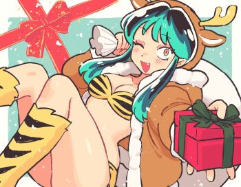 Rule 34 | 1girl, animal costume, animal ears, animal hood, animal print, aqua hair, bikini, boots, box, breasts, brown jacket, carrying over shoulder, christmas, cleavage, clip studio paint (medium), commentary, cone horns, english commentary, eyeshadow, fake animal ears, fake horns, fang, feet out of frame, full body, fur-trimmed jacket, fur bikini, fur trim, gift, gift box, green hair, holding, holding gift, holding sack, hood, hood up, hooded jacket, horns, incoming gift, jacket, knee boots, long hair, long sleeves, looking at viewer, lum, makeup, mamanooke, medium breasts, one eye closed, oni, open clothes, open jacket, open mouth, outstretched hand, pink eyeshadow, pointy ears, print bikini, print boots, red ribbon, reindeer costume, ribbon, sack, small horns, snowing, solo, strapless, strapless bikini, striped horns, swimsuit, tiger panties, tiger print, urusei yatsura, yellow bikini, yellow eyes, yellow horns