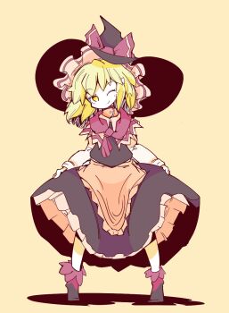 1girl apron black_dress black_hat blonde_hair bow capelet clothes_lift commentary_request dress dress_lift full_body hair_ribbon hat hat_bow highres kirisame_marisa long_sleeves looking_at_viewer numa_frog one_eye_closed red_bow ribbon simple_background smile solo touhou waist_apron witch_hat yellow_background yellow_eyes