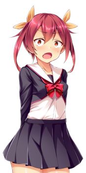 1girl :o arms_behind_back black_skirt black_thighhighs blush bow bowtie collarbone cowboy_shot fang fujii_natsumi_(ysphere) game_cg hair_between_eyes hair_ribbon large_variant_set long_sleeves looking_at_viewer miniskirt non-web_source official_art open_mouth pleated_skirt red_bow red_bowtie red_eyes red_hair ribbon sailor_collar satou_kuuki school_uniform serafuku shirt simple_background skirt solo soukou_seiki_ysphere standing sweat sweatdrop thighhighs transparent_background twintails variant_set white_background white_shirt wide-eyed yellow_ribbon zettai_ryouiki