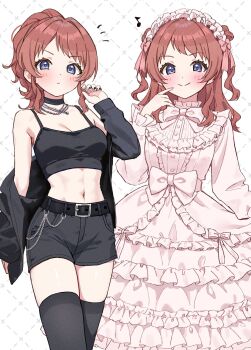 1girl belt belt_buckle black_belt black_camisole black_choker black_hair black_nails black_shorts black_thighhighs blue_eyes blush bow breasts brown_hair buckle camisole choker cleavage closed_mouth commentary_request crop_top dot_nose dress fingernails frilled_dress frills gakuen_idolmaster grid_background hair_bow hanami_saki hand_up headdress highres hoshinopurin idolmaster jacket jacket_partially_removed jewelry linea_alba long_sleeves looking_at_viewer medium_breasts medium_hair midriff multiple_views nail_polish navel necklace pink_bow pink_dress pink_headdress ponytail shorts smile spaghetti_strap split_mouth thighhighs two_side_up v-shaped_eyebrows white_background