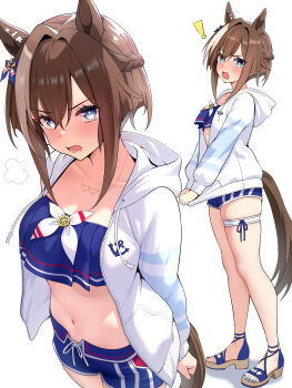 Rule 34 | !, 1girl, amenu 415, animal ears, bikini, bikini shorts, blue bikini, blue eyes, blue swim trunks, blush, braid, breasts, brown hair, cheval grand (summer calm navy drop) (umamusume), cheval grand (umamusume), collarbone, commentary request, hair between eyes, half up half down braid, heart, heart necklace, highres, hood, hooded jacket, horse ears, horse girl, horse tail, jacket, jewelry, long hair, looking at viewer, medium breasts, midriff, multicolored hair, multiple views, navel, necklace, official alternate costume, official alternate hairstyle, open mouth, puff of air, sandals, shorts, streaked hair, swimsuit, tail, thigh strap, umamusume, white hair, white jacket, white streaks