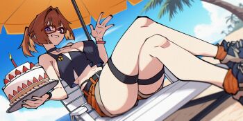 1girl beach beach_chair beach_umbrella belt black_belt black_shirt blue_shoes blue_sky breasts brown_hair cake candle cleavage cloud commentary commission crop_top crossed_legs day dryegen english_commentary food fruit girls&#039;_frontline glasses grin grizzly_mkv_(girls&#039;_frontline) grizzly_mkv_(weekend_cop)_(girls&#039;_frontline) highleg highleg_panties highres holding holding_cake holding_food large_breasts looking_at_viewer midriff navel official_alternate_costume orange_shorts orange_socks outdoors palm_tree panties purple_eyes shirt shoes short_hair short_shorts shorts sitting sky smile socks solo strawberry tray tree umbrella underwear white_mouth