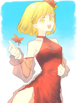 Rule 34 | 1girl, :d, aki shizuha, alternate costume, bare shoulders, blonde hair, blue sky, blush, breasts, clenched hand, collarbone, commentary request, dress, hand up, highres, kahayu4, leaf, looking at viewer, maple leaf, maple leaf hair ornament, medium hair, off-shoulder dress, off shoulder, open mouth, red dress, see-through clothes, see-through sleeves, sky, small breasts, smile, solo, teeth, thighs, touhou, upper teeth only, yellow eyes