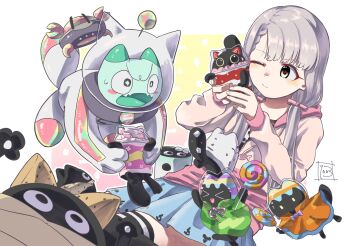 &gt;_&lt; 1003_(ralto_0014) 1girl :d absurdres asymmetrical_bangs black_cat black_thighhighs blue_skirt border braid braided_bangs candy cat character_request commentary commission cooky_yummy crab creature crossover cup cupsie_yummy disposable_cup duel_monster food food-themed_creature gradient_background grey_hair hair_ribbon helmet highres hisakawa_nagi holding holding_candy holding_creature holding_food holding_lollipop hood hooded_jacket idolmaster idolmaster_cinderella_girls jacket lollipo_yummy lollipop long_hair long_sleeves low_twintails marshmao_yummy one_eye_closed open_mouth outside_border pink_background pink_jacket pink_ribbon ribbon signature single_braid skeb_commission skirt smile space_helmet spacesuit sweatdrop thighhighs twintails white_border xd yellow_background yu-gi-oh! yummy_snatchy