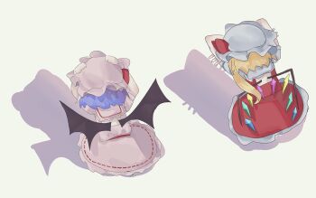 Rule 34 | 2girls, bat wings, blonde hair, blue hair, cat shadow puppet (meme), charisma guard, crystal, crystal wings, double w, dress, flandre scarlet, from behind, hashtag-only commentary, hat, hat ribbon, highres, meme, middle w, mob cap, multiple girls, omomi 1587, pink hat, puffy sleeves, red skirt, red vest, remilia scarlet, ribbon, shadow, shadow puppet, short hair, short sleeves, siblings, side ponytail, sisters, skirt, squatting, touhou, vest, w, white hat, wings, wrist cuffs