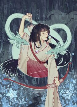1girl arrow_(projectile) black_hair blue_flower bow_(weapon) closed_eyes closed_mouth commentary dragon english_commentary flower forest highres holding holding_arrow holding_bow_(weapon) holding_weapon inuyasha kikyou_(inuyasha) long_hair naasog nature red_skirt scar scar_on_face skirt solo weapon wide_sleeves