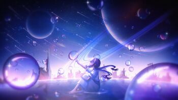 1girl absurdres bubble building commentary_request dress falling_star film_grain hand_up highres knees_up landscape long_dress long_hair night on_water original planet planetary_ring puffy_short_sleeves puffy_sleeves purple_hair purple_theme sakura1853 scenery shooting_star short_sleeves sitting sky soap_bubbles solo space sparkle star_(sky) starry_sky white_dress