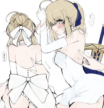1girl 1other ahoge artoria_pendragon_(fate) back bare_shoulders blonde_hair blue_eyes blue_ribbon blush bound bound_wrists braid braided_bun breasts commentary_request dress elbow_gloves fate/stay_night fate_(series) from_behind from_side gloves hair_bun hair_ribbon hayato_hoshi604 highres looking_at_viewer medium_breasts medium_hair multiple_views no_panties parted_lips poking ponytail pov pov_hands ribbon saber_(fate) simple_background speech_bubble strapless strapless_dress sword translation_request weapon white_background white_dress white_gloves white_ribbon