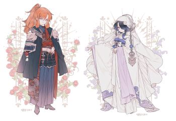 Rule 34 | 2girls, black cape, black hair, cape, commission, dress, flower, full body, japanese clothes, kimono, lemon89h, long hair, long skirt, long sleeves, looking at viewer, multiple girls, obi, orange hair, original, own hands together, pleated skirt, ponytail, sash, skirt, standing, veil, white background, white kimono, wide sleeves