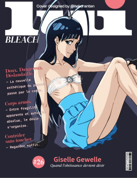 1boy antenna_hair barcode bikini bikini_top_only black_gloves black_hair bleach bleach:_sennen_kessen-hen blue_eyes censored censored_nipples character_name commentary copyright_name cover english_commentary fake_magazine_cover giselle_gewelle gloves high-waist_skirt highres long_hair magazine_cover male_focus miniskirt mosaic_censoring nekoranten ribs see-through_bikini see-through_clothes sitting skinny skirt smile solo strapless strapless_bikini swimsuit trap twitter_username very_long_hair