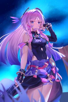 1girl asymmetrical_clothes asymmetrical_sleeves black_leotard blue_eyes blush bracelet braid breasts citlali_(genshin_impact) commentary covered_navel english_commentary facial_tattoo feathers genshin_impact hair_between_eyes highres jewelry leotard long_hair looking_at_viewer medium_breasts mikiseriavoid night night_sky outdoors pink_hair purple_nails ring_hair_ornament shirt skirt sky sleeveless sleeveless_shirt solo tattoo twin_braids very_long_hair