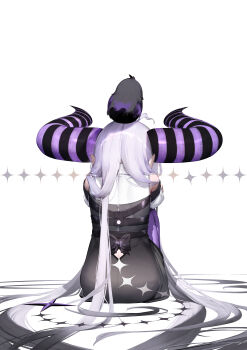 1girl absurdres animal animal_on_head bird bird_on_head black_dress black_horns crow_(la+_darknesss) dress from_behind gradient_hair grey_hair highres hololive horns huge_horns inumata_ichini la+_darknesss la+_darknesss_(5th_costume) multicolored_hair on_head purple_horns solo striped_horns virtual_youtuber white_background