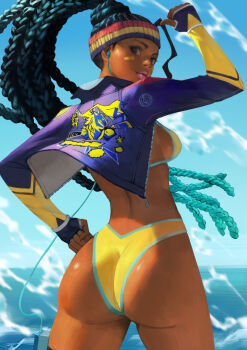 1girl alternate_costume ass bikini black_hair bow_hairband brown_eyes curvy dark-skinned_female dark_skin dreadlocks earbuds earphones fingerless_gloves gloves hairband highleg highleg_bikini highres huge_ass jacket kimberly_jackson listening_to_music long_hair looking_at_viewer looking_back multicolored_headband ocean official_alternate_costume open_clothes open_jacket phamoz quad_braids solo street_fighter street_fighter_6 swimsuit thong thong_bikini walkman wide_hips yellow_bikini