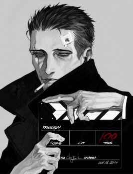 1boy bandaid bandaid_on_face bandaid_on_forehead cigarette clapperboard coat ctkcave english_text facial_hair goatee greyscale hair_slicked_back heterochromia holding looking_at_viewer male_focus mature_male monochrome original scar scar_across_eye scar_on_face short_hair simple_background smoking solo spiked_hair upper_body white_background