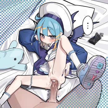 ... 1boy 1girl absurdres blue_hair condom condom_box condom_wrapper duel_monster hetero highres jaaku_(ra_9rara) jacket lil-la_(yu-gi-oh!) live_twin_lil-la loli lying multicolored_hair panties panties_around_leg penis pov pussy sex socks stuffed_toy uncensored underwear vaginal yu-gi-oh!