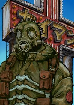 1boy blue_sky caiman_(dorohedoro) commentary dorohedoro gas_mask head_spikes highres hood hood_down lizardman mask reptile_boy sky solo unc