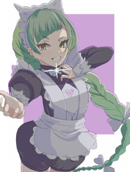 1girl absurdres apron bizen_kurage black_romper blunt_bangs bow bowtie braid braided_ponytail breasts brown_eyes commentary_request glowing green_hair highres lebanne_(pokemon) long_braid long_hair long_sleeves looking_at_viewer maid maid_apron maid_headdress mega_stone nintendo open_mouth pokemon pokemon_legends:_z-a puffy_sleeves romper smile solo teeth tsurime white_bow white_bowtie