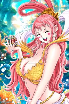 1boy 1girl ^_^ aladdin_(ala21ddin21) bikini blush_stickers breasts cleavage closed_eyes deviantart_logo earrings fish_hair_ornament giant giantess hagoromo hair_ornament half_updo hat highres indian_style jewelry long_hair mermaid monkey_d._luffy monster_girl one_piece open_mouth pink_hair pink_nails shawl shell shell_earrings shirahoshi sidelocks sitting straw_hat swimsuit v yellow_bikini