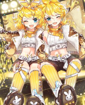 1boy 1girl animal_print audience belt belt_buckle black_shoes black_shorts blonde_hair blue_eyes bow bow_hairband brown_jacket buckle buttons chest_belt collared_jacket commentary_request crop_top denim denim_shorts eyelashes full_body glowstick hair_ornament hairband hairclip happy headphones highres idol jacket jumbotron kagamine_len kagamine_rin kneehighs lapels light_blush light_particles long_hair long_sleeves looking_at_viewer low_ponytail medium_hair melling_rl messy_hair notched_lapels one_eye_closed open_clothes open_jacket open_mouth penlight_(glowstick) ponytail rabbit_print s-head_sensei scarf sensei_(blue_archive) shirt shoes short_ponytail short_shorts shorts sitting smile socks stage stage_lights striped_clothes striped_socks teeth two-sided_fabric two-sided_jacket two-tone_bow upper_teeth_only vertical-striped_clothes vertical-striped_socks vocaloid white_belt white_bow white_hairband white_jacket white_shirt yellow_bow yellow_scarf yellow_socks