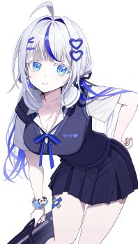 Rule 34 | 1girl, absurdres, ahoge, aokumo rin, artist request, bag, bent over, blue eyes, blue ribbon, blue skirt, blue sweater vest, blush, breasts, cleavage, closed mouth, collared shirt, commentary request, feet out of frame, grey hair, hair intakes, hair ornament, hairclip, hand on own hip, headphones, headphones around neck, heart, heart hair ornament, highres, holding, holding bag, kinsuke z, korean commentary, large breasts, long hair, low twintails, miniskirt, multicolored hair, neck ribbon, pleated skirt, ribbon, school bag, school uniform, second-party source, shirt, short sleeves, simple background, skirt, smile, solo, standing, stellive, streaked hair, sweater vest, twintails, virtual youtuber, white background, white shirt, wispy bangs