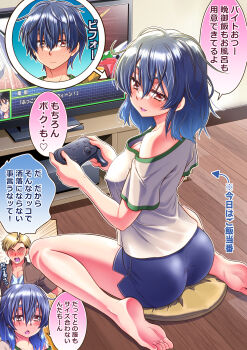1girl 2boys absurdres ass barefoot blonde_hair blue_hair blush breasts brown_eyes commentary_request controller covered_erect_nipples cushion dolphin_shorts dual_persona foot_out_of_frame freckles from_behind game_controller genderswap genderswap_(mtf) highres holding holding_controller holding_game_controller kaneko_naoya looking_at_viewer medium_breasts medium_hair multiple_boys off_shoulder on_cushion on_floor original oversized_clothes playing_games red_eyes shirt short_shorts short_sleeves shorts sitting speech_bubble television translation_request wariza white_shirt wooden_floor